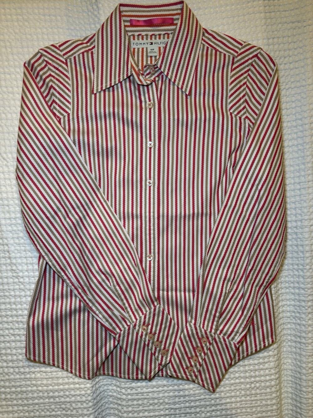 Tommy Hilfiger Women’s S Petite Striped Button Down Shirt Stretch Cotton Y2K